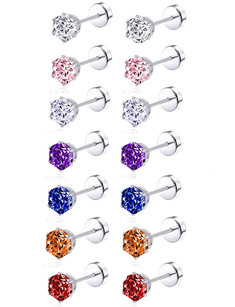 Tornito 7 Pairs Stainless Steel CZ Stud Earrings for Women Multicolor Cubic Zirconia Cartilage Helix Earrings Set Screwback 4MM - Image 1